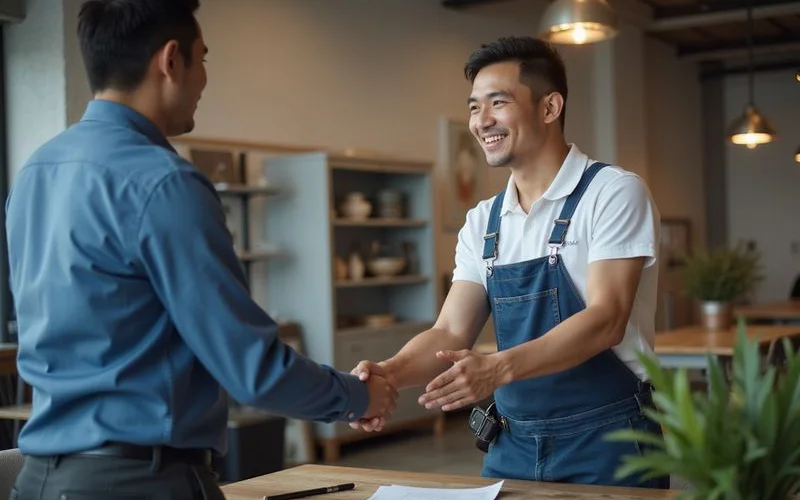 Business owner shaking hands with PJ Kool Aircond Service technician after signing maintenance contract agreement