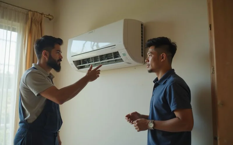 Completed chemical wash with clean aircond unit running efficiently and technician explaining maintenance tips to homeowner