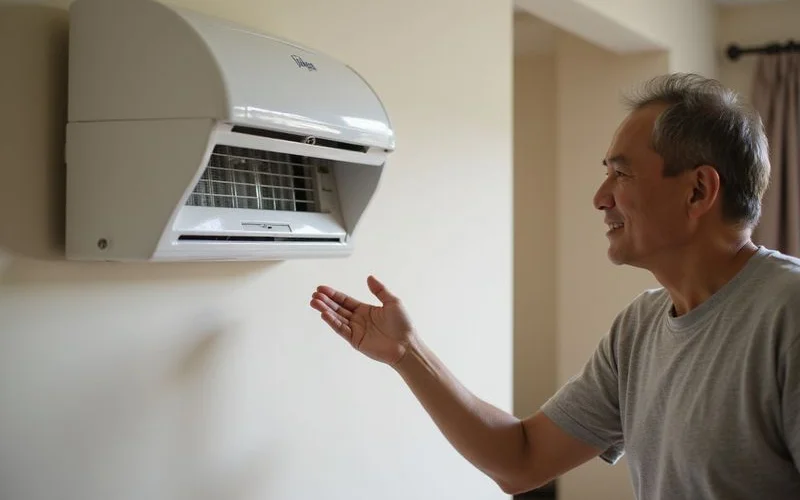 Clean aircond unit with freshly washed filters reinstalled and operating efficiently in a modern Malaysian living room