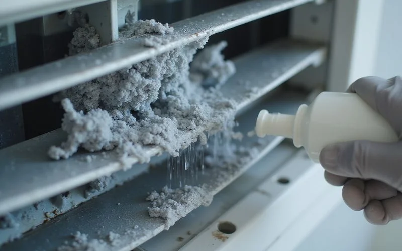 Close-up of an aircond evaporator coil being treated with professional chemical cleaning solution by a trained technician