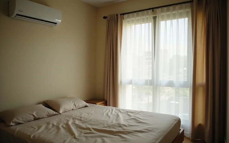 Comfortable Malaysian bedroom with correctly sized aircond unit providing efficient cooling without excessive energy use
