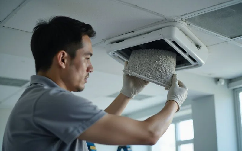 Commercial aircond technician performing scheduled maintenance on a ceiling cassette unit in a Petaling Jaya office building