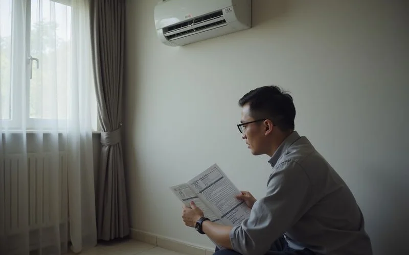 Daikin aircond indoor unit displaying error code on LED panel with technician referencing diagnostic manual for repair