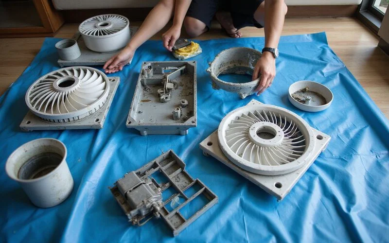 Completely dismantled aircond indoor unit with all components separated and laid out for individual chemical cleaning