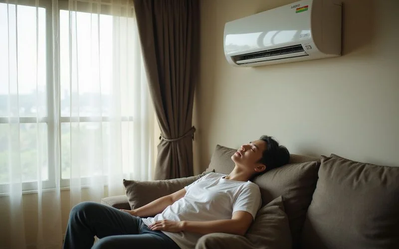 Satisfied homeowner enjoying cool fresh air from a professionally serviced aircond unit in a comfortable Malaysian living room