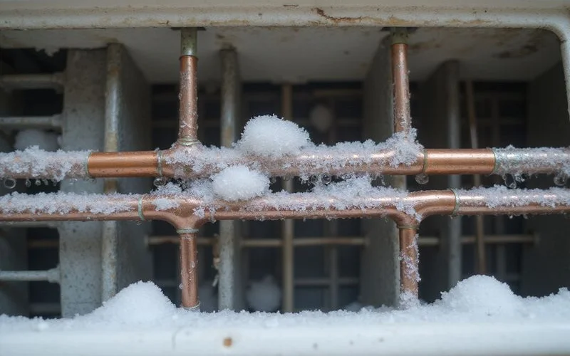Close-up of ice forming on aircond evaporator coil due to low refrigerant gas levels causing water leak when melting