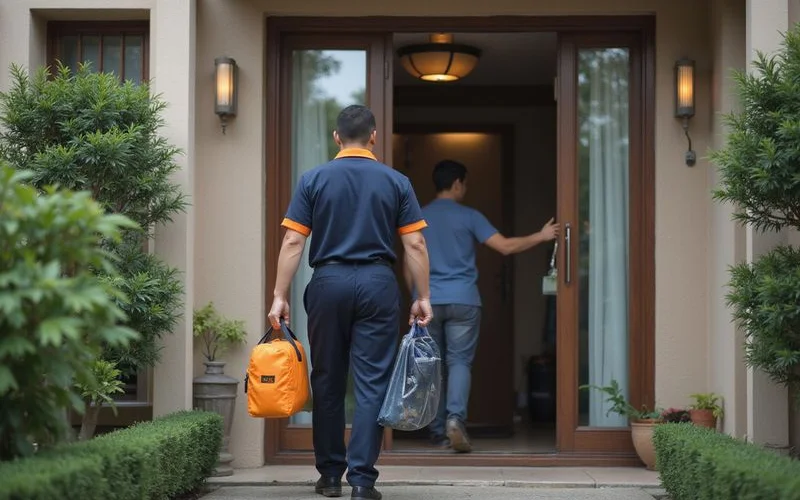 Friendly PJ Kool Aircond Service technician arriving at a customer home in Petaling Jaya with professional tools and equipment