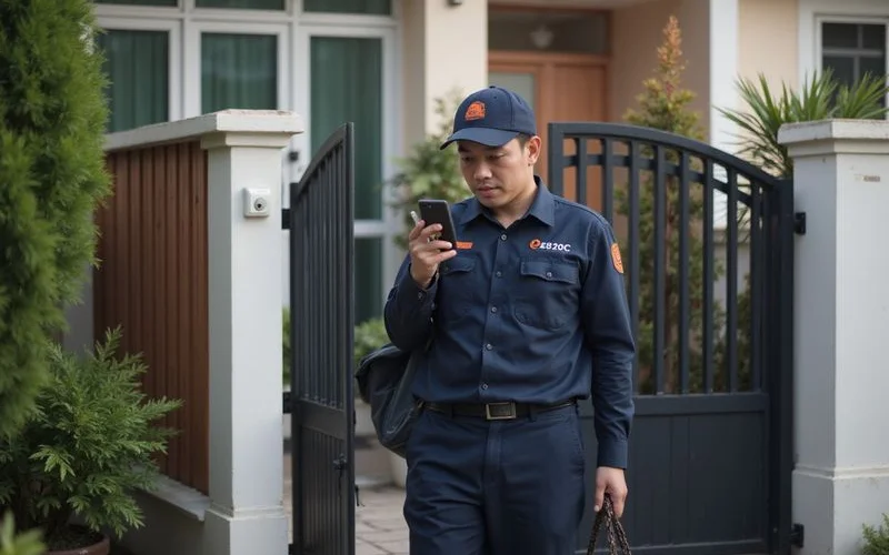 PJ Kool Aircond Service technician arriving with cleaning equipment at a residential property in Damansara for scheduled maintenance