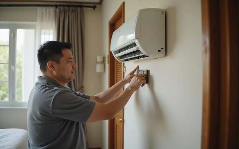 PJ Kool Aircond Service technician completing a successful repair and testing the unit for optimal cooling performance