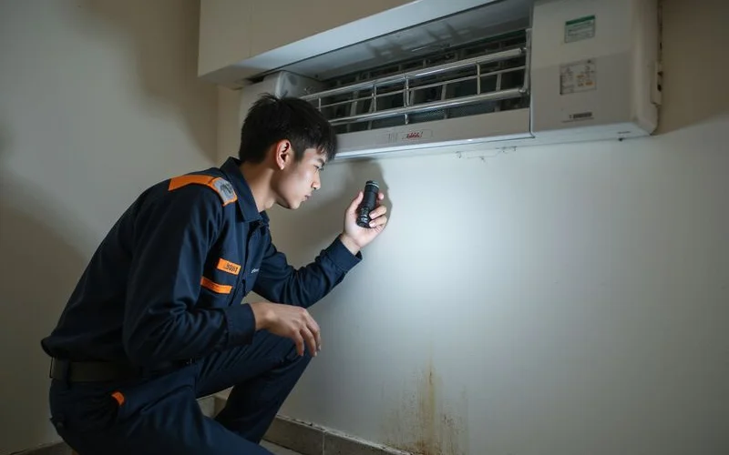 PJ Kool Aircond Service technician diagnosing and repairing an aircond water leak in a Petaling Jaya apartment