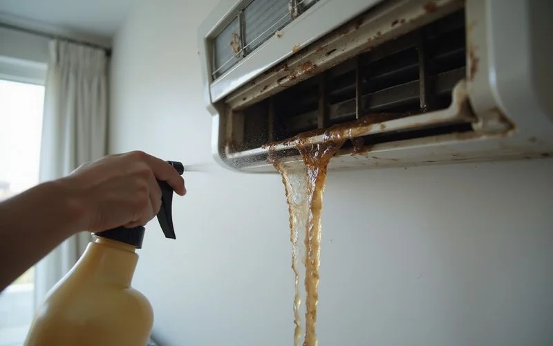Pressurised water rinsing dirty chemical solution off an aircond evaporator coil with black contaminated water draining out