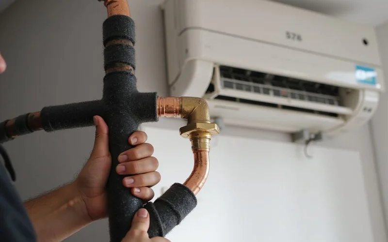 Professional aircond installation with technician routing copper piping and applying Armaflex insulation in a new Petaling Jaya home