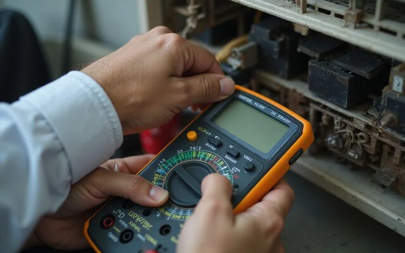 Senior aircond technician using multimeter to diagnose a circuit board fault on a wall-mounted unit in a Petaling Jaya home