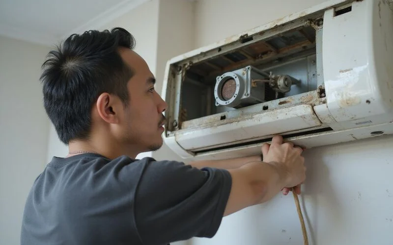 Senior technician performing a complete teardown of an aircond indoor unit with all components laid out for individual chemical soaking