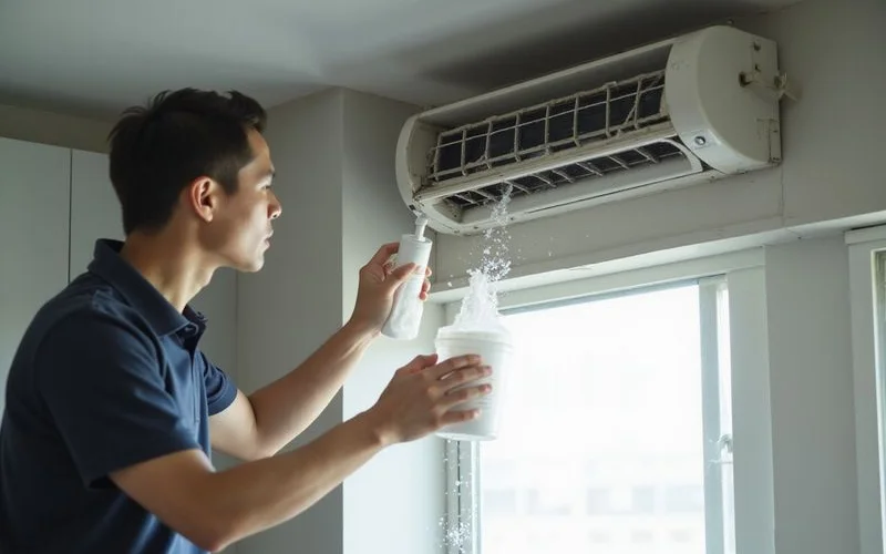 Technician performing standard chemical wash on aircond evaporator coil with chemical spray and protective wash bag