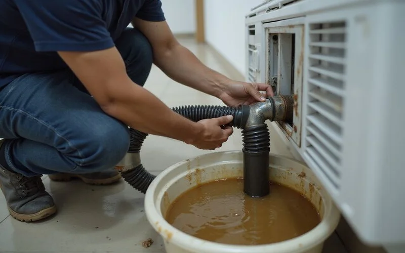 Technician using compressed air tool to clear a clogged aircond drainage pipe showing dirty water being flushed out