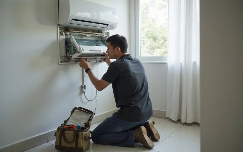 Professional HVAC technician carefully dismantling an aircond unit for chemical wash service in a residential setting