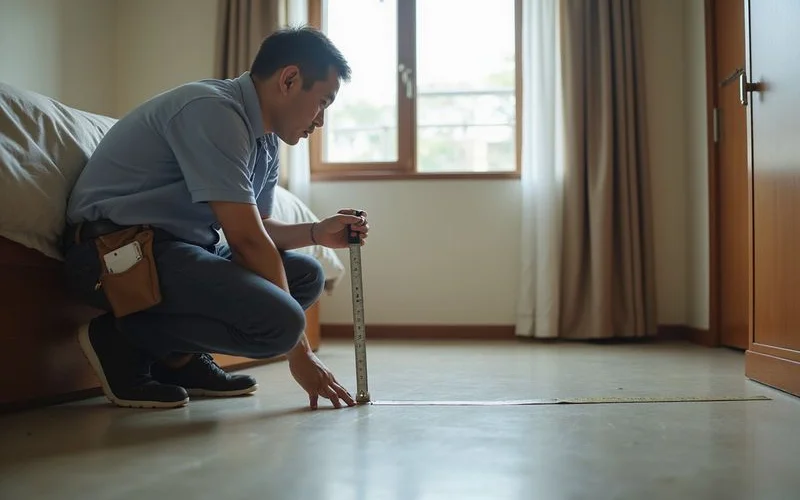 Technician measuring room dimensions to determine correct aircond horsepower capacity needed for effective cooling