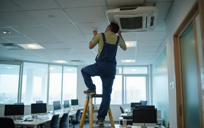 Professional aircond technician performing scheduled quarterly maintenance service on a commercial office building unit