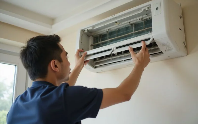 Technician reassembling a freshly cleaned aircond unit after chemical wash service in a Petaling Jaya residential home