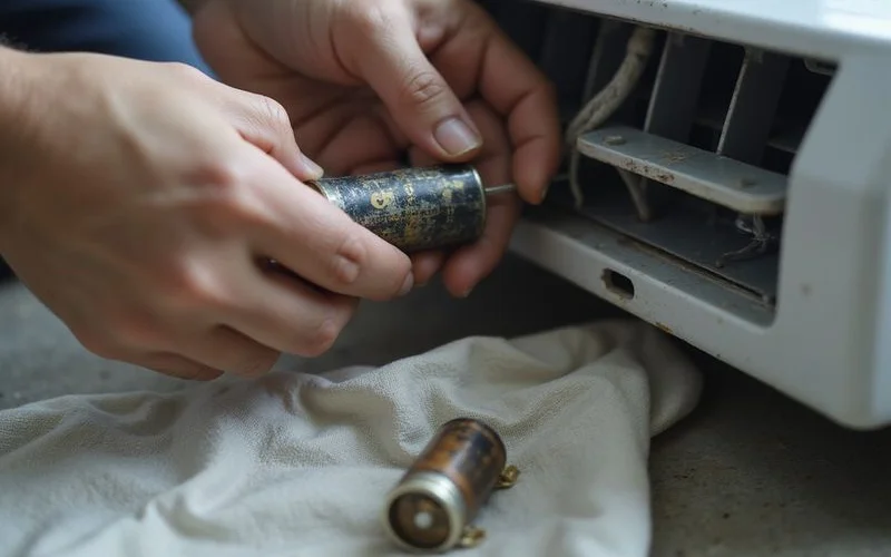 Technician replacing a faulty aircond capacitor with a genuine replacement part during on-site repair service in Damansara