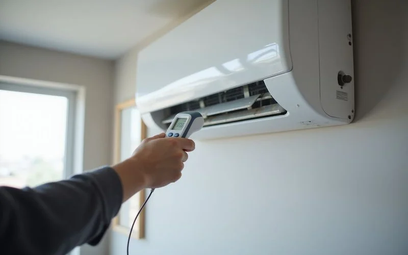 Technician testing a newly installed aircond unit for proper cooling output and drainage function in a Damansara residence