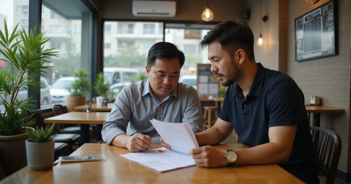 Business owner and aircond technician reviewing a maintenance contract agreement for commercial premises in Petaling Jaya
