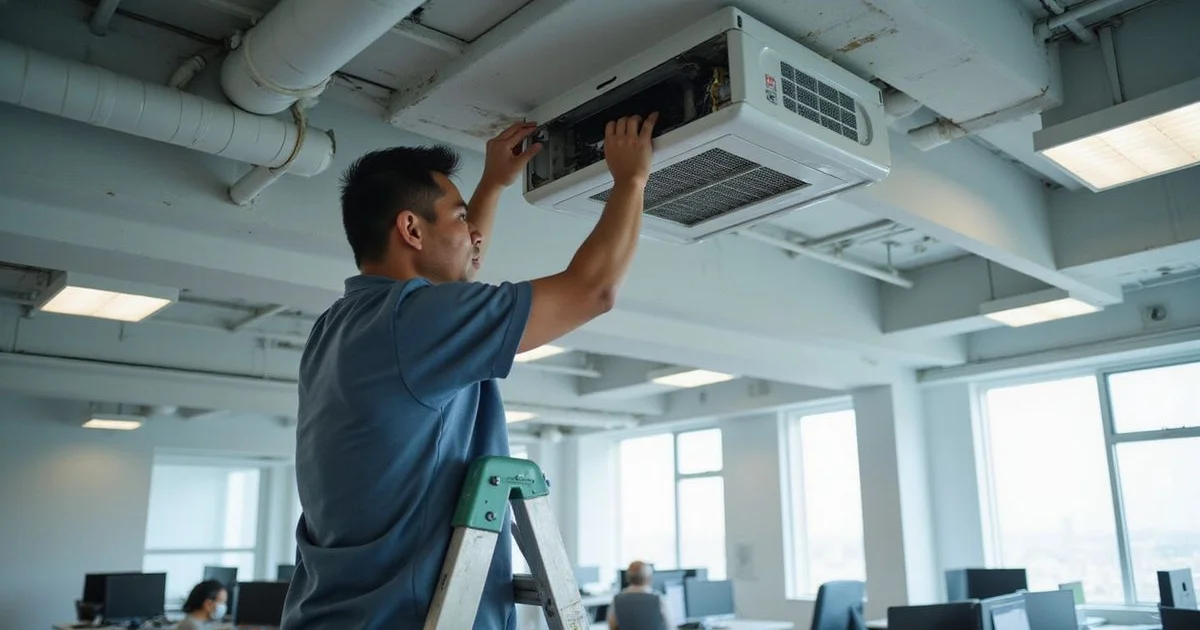 Technician servicing a ceiling cassette aircond unit in a commercial office building in Petaling Jaya