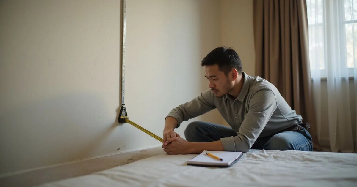 Person measuring room dimensions with tape measure to determine the correct aircond horsepower needed for their room