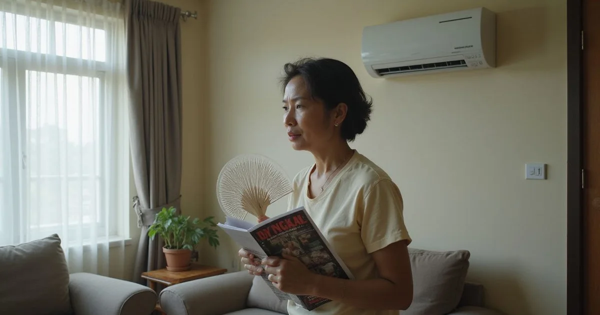 Person checking warm air from an aircond unit that is not cooling properly in a Malaysian home during hot weather