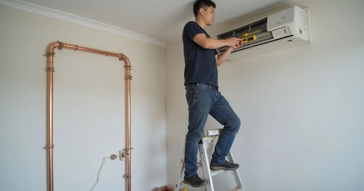 Technician mounting a new split aircond unit on the wall during professional installation in a Petaling Jaya home