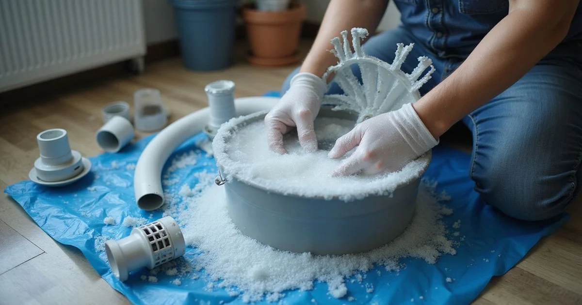 Senior technician performing a complete chemical overhaul with aircond components soaking in chemical solution