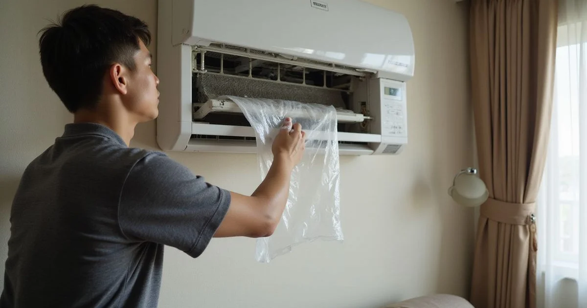 HVAC technician performing a thorough chemical wash on a wall-mounted split unit aircond in a Petaling Jaya home